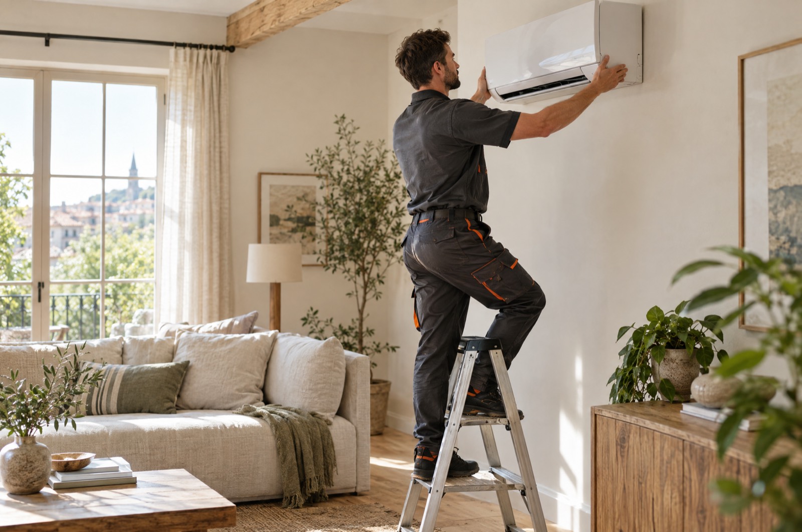 Technicien installant une climatisation réversible murale dans un salon
