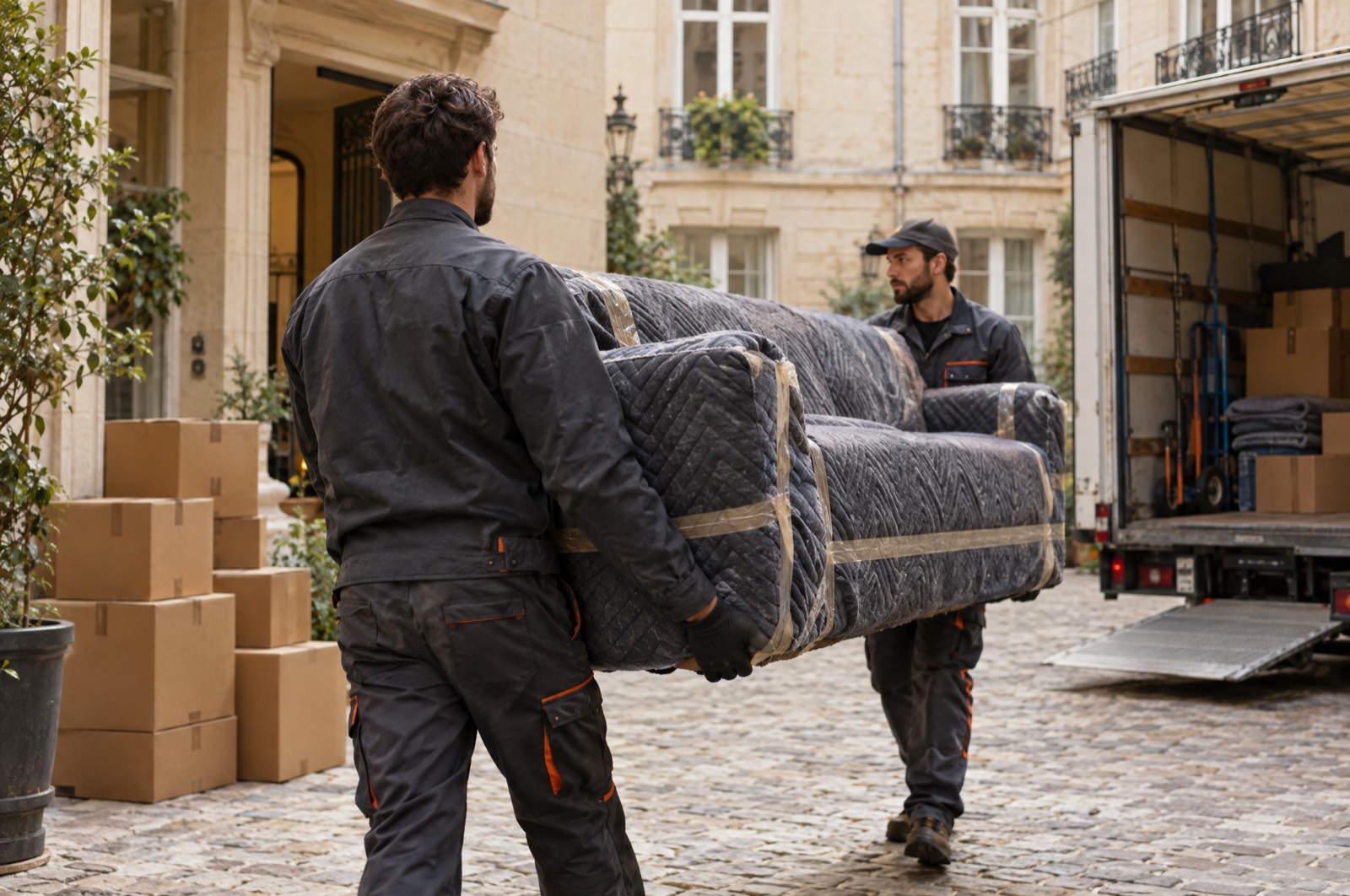 Déménageurs portant un canapé protégé vers un camion de déménagement