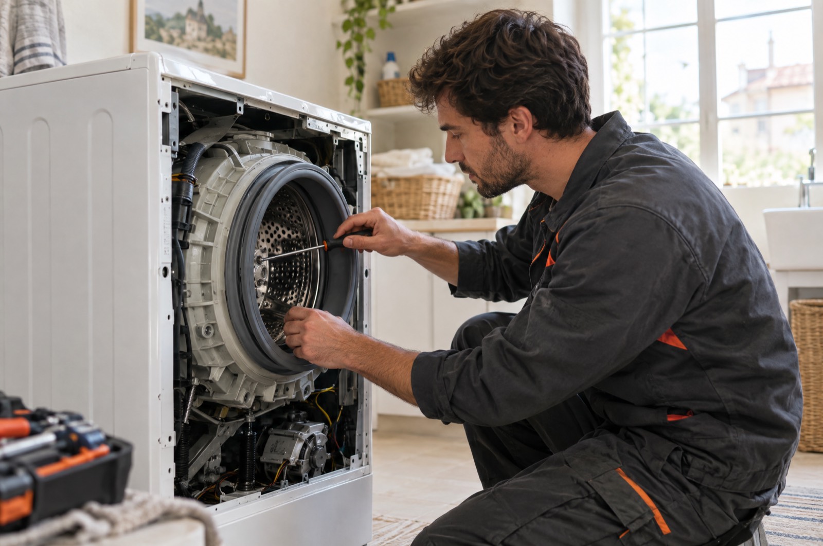 Réparateur dépannant un lave-linge à domicile