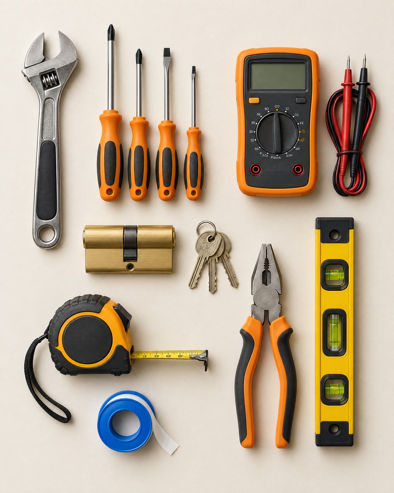 Outils professionnels d’artisan disposés sur un fond clair