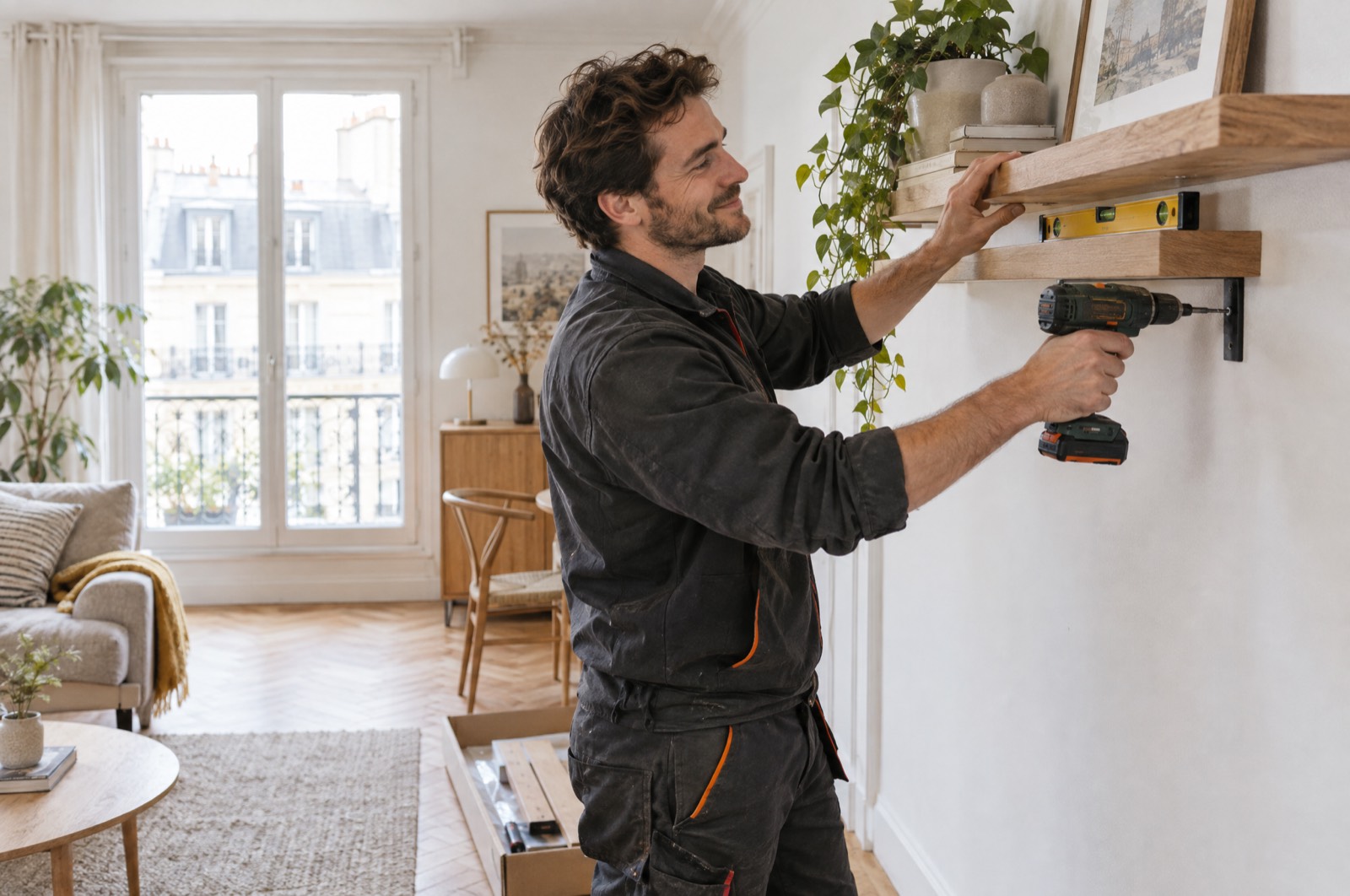 Homme toutes mains fixant une étagère murale à la perceuse