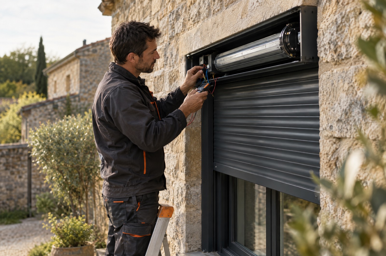 Technicien réparant le moteur d’un volet roulant